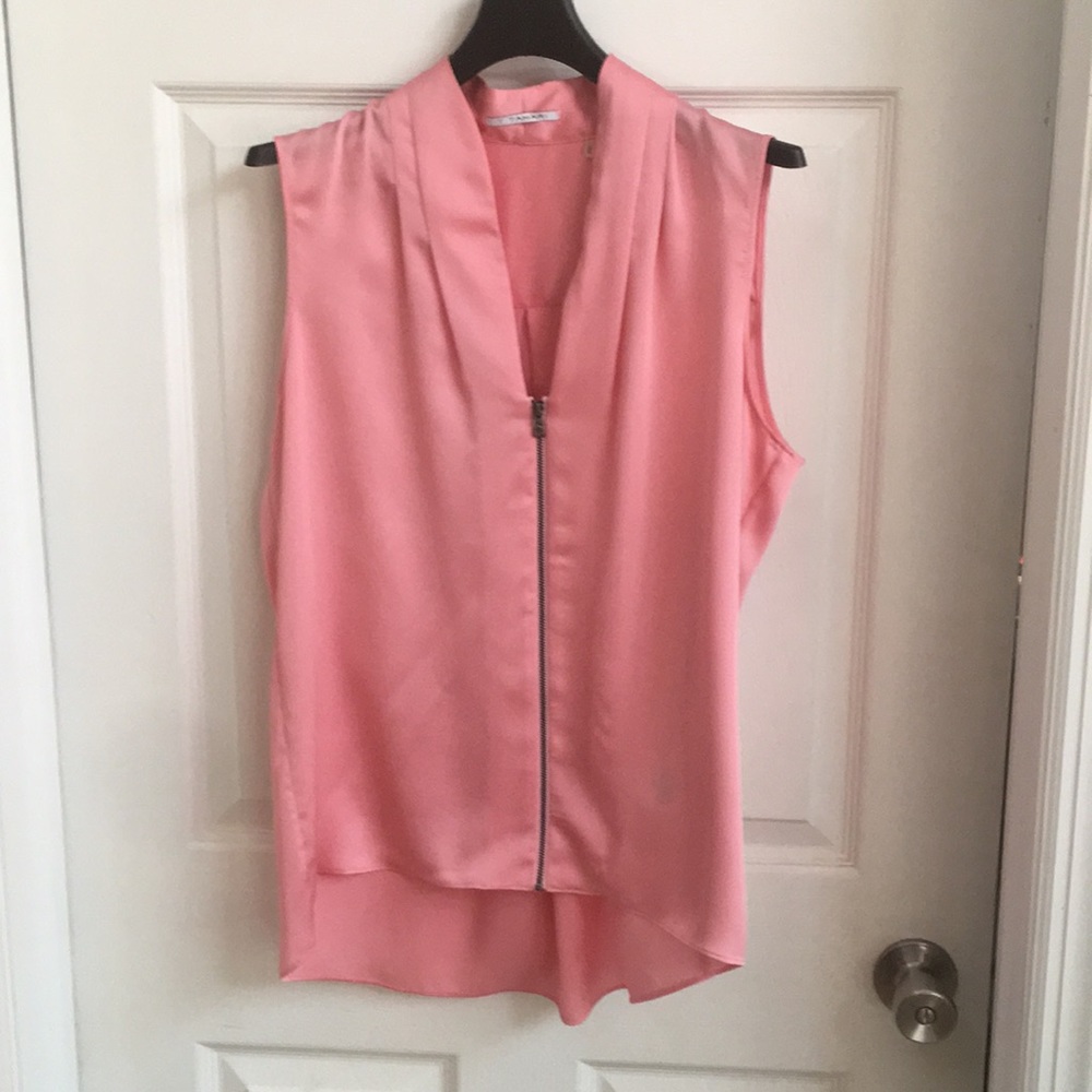 Pink satin zip front tahari tank top-size med